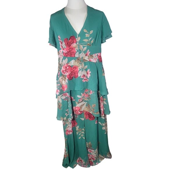 Lulus Midnight Mood Teal Green Floral Print Tiered Maxi Dress Size XL - Picture 1 of 9